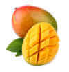 Fresh mango fruit with cut and green leafs isolated